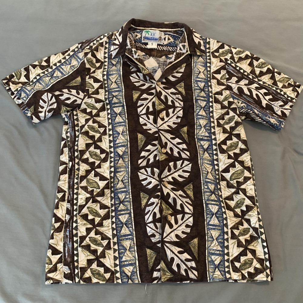 RJC Shirt Mens Small Brown Hawaiian Tribal Leaf Short Sleeve Button Front Casual